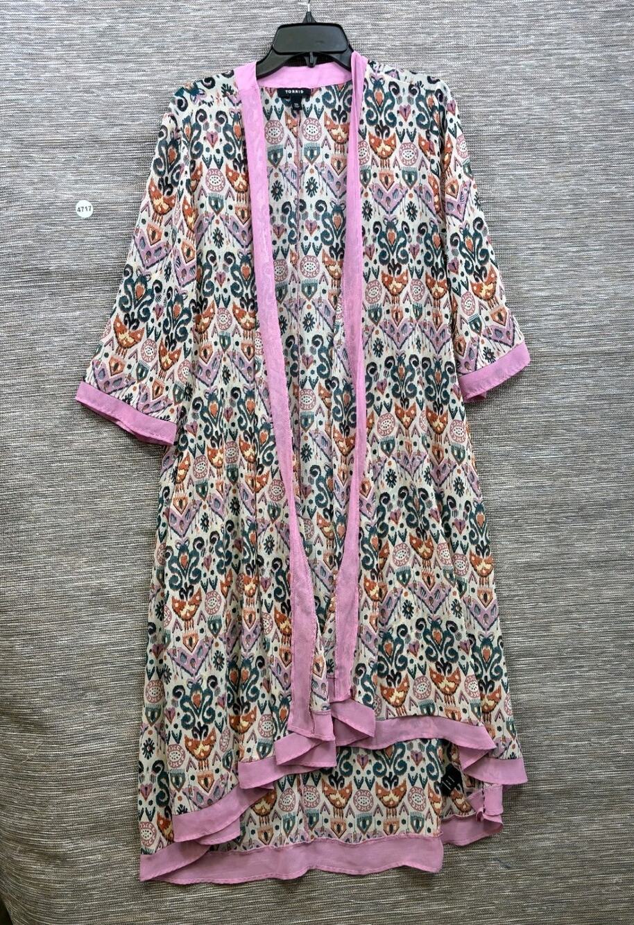 Torrid Sheer Print Night Robe Pink Beige Print Womens Size 00 US 10 3/4 Sleeve